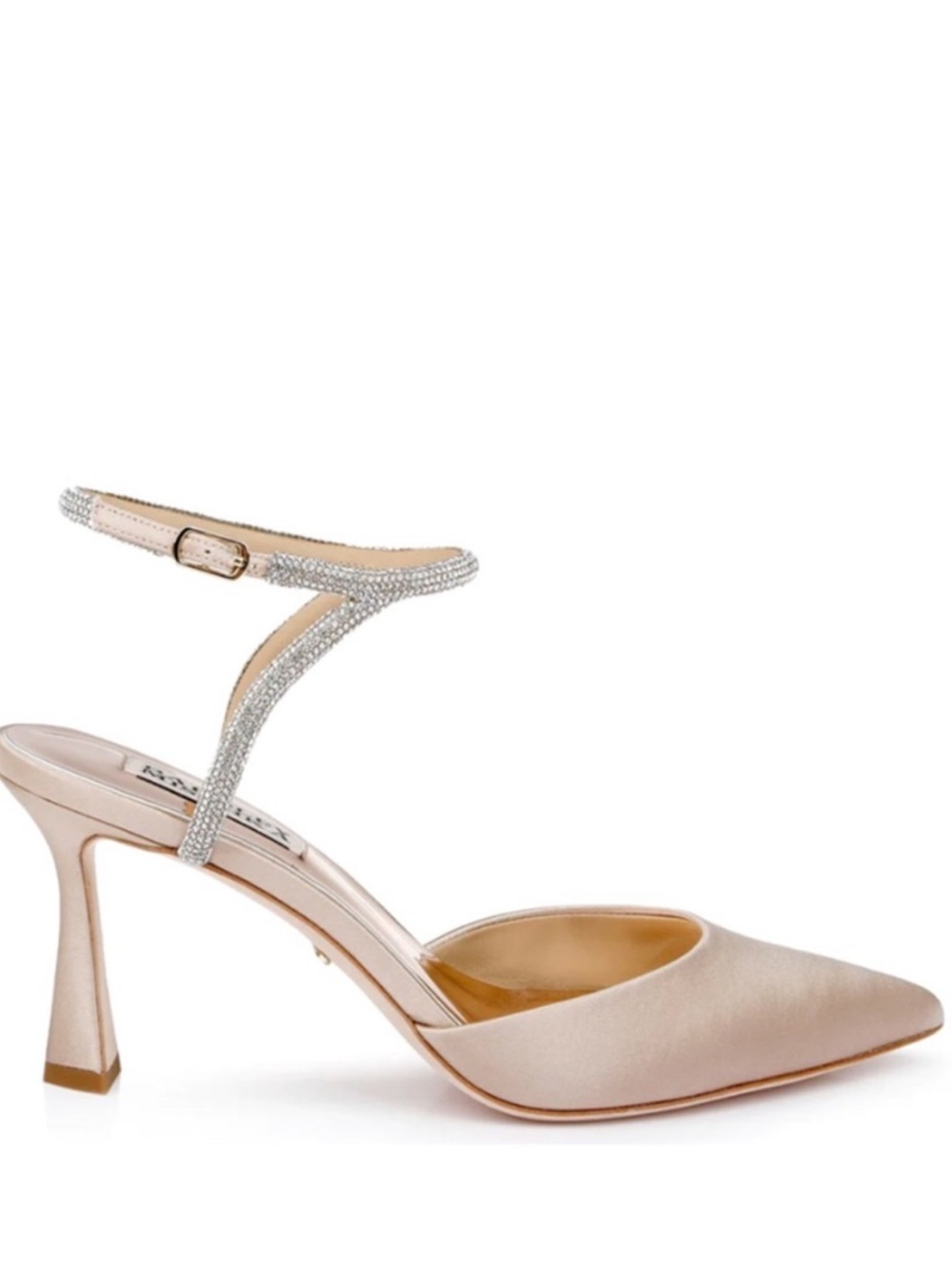Badgley Mischka Satin Pointed Pump with Crystal Ankle Strap in Champagne